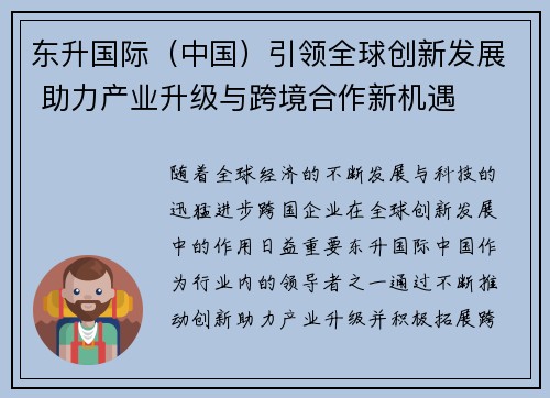 东升国际（中国）引领全球创新发展 助力产业升级与跨境合作新机遇