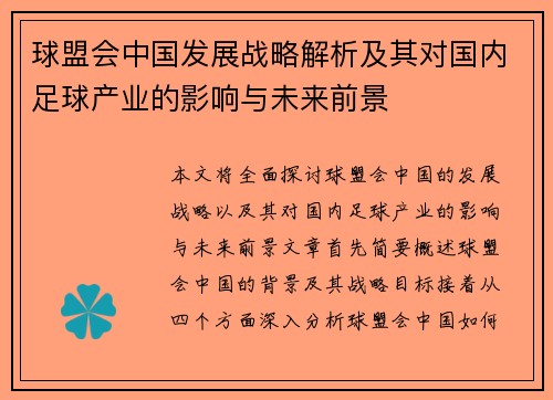 球盟会中国发展战略解析及其对国内足球产业的影响与未来前景